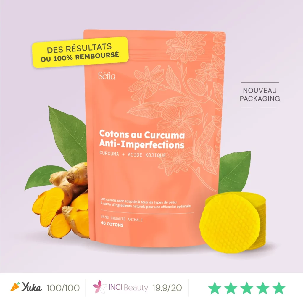 Cotons naturels imprégnés au curcuma L'Essence Dorée pour illuminer la peau et atténuer les taches du visage